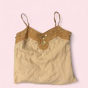Saint Tropez  West tan and brown tank top with rhinestones Y2K Size Medium